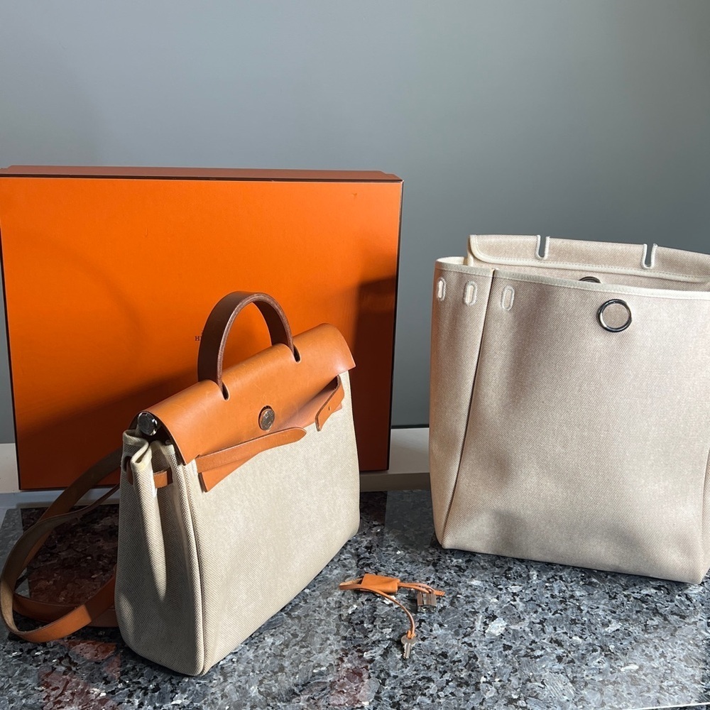Hermès 39 Herbag Beige Toile Canvas Vache Hunter Leather Box, Dusters, Ribbons - Picture 4 of 16